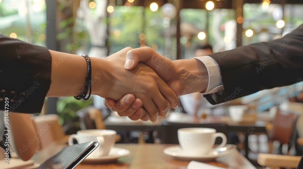 Cafe business people and shaking hands for teamwork Cafe business people and shaking hands for teamwork