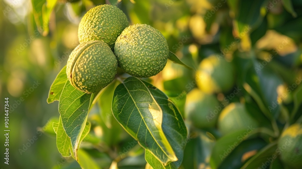 Unripe green walnuts hanging from branches of walnut tree, unripe, green, walnuts, hanging, branches, tree, agriculture, harvest Unripe green walnuts hanging from branches of walnut tree, unripe, green, walnuts, hanging, branches, tree, agriculture, harvest