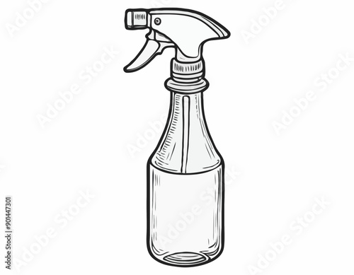 Cylindric sprayer bottle black sketch hand drawn closeup isolated on white background