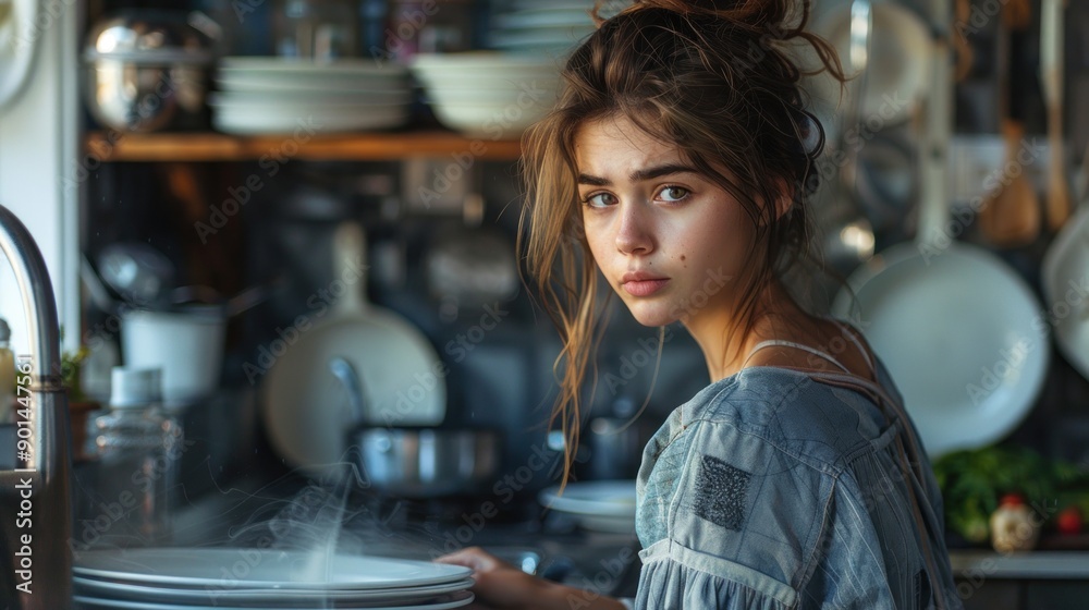 Young woman with a frown, rinsing plates at the sink Young woman with a frown, rinsing plates at the sink