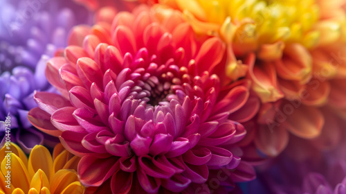 Colorful chrysanthemum flower macro shot showcasing the vibrant yellow, red, and purple petals. Perfect as a background for floral-themed designs.