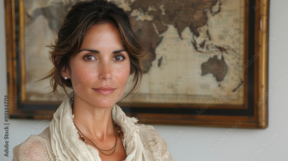 Fototapeta premium A woman with a serene expression stands in front of a detailed world map, showcasing an elegant dress and subtle accessories, creating a scene of thoughtful contemplation and global awareness