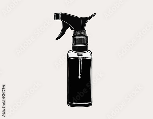 Cylindric sprayer bottle black sketch hand drawn closeup isolated on white background