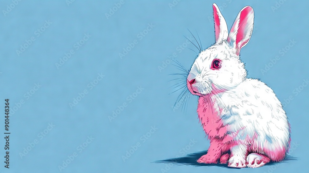 Fototapeta premium A bunny with pink-white fur rests on a blue background while adjacent to the wall and floor, all featuring blue tones