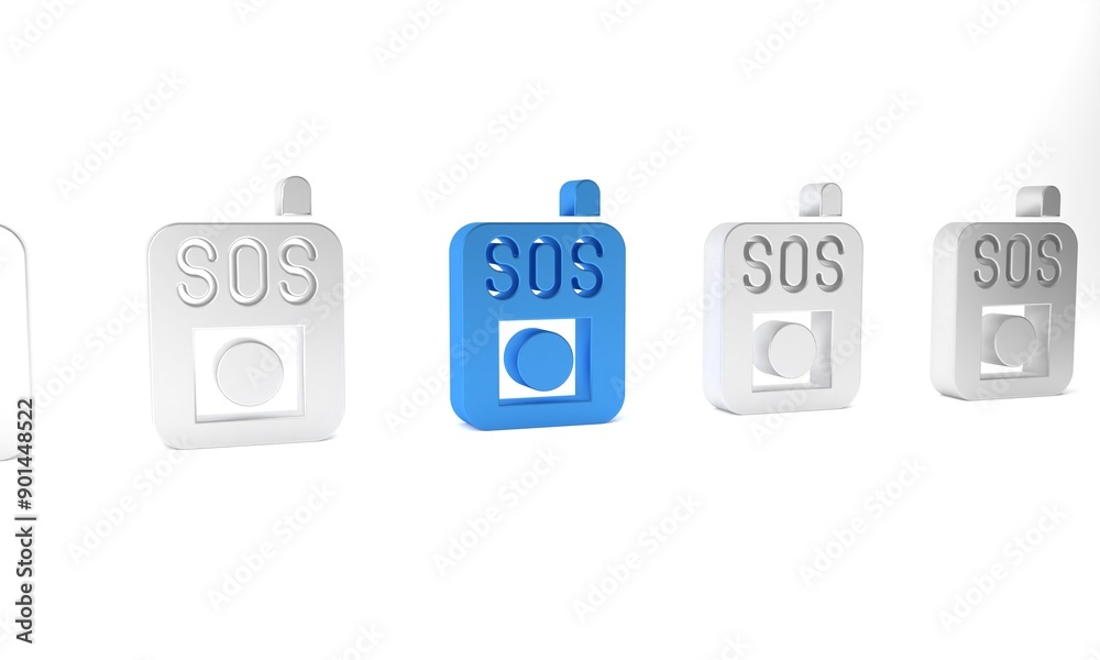 Blue Press the SOS button icon isolated on white background. Minimalism concept. 3D render illustration