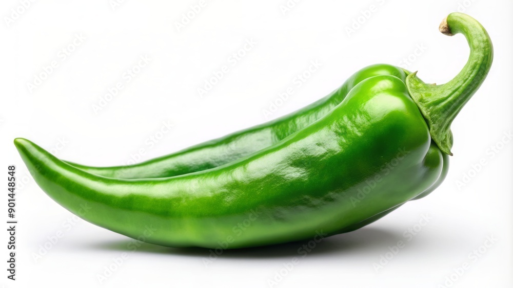 Fresh bright green chili pepper sits alone on a pure white background, showcasing its vibrant color and slightly wrinkled texture in high definition. Fresh bright green chili pepper sits alone on a pure white background, showcasing its vibrant color and slightly wrinkled texture in high definition.