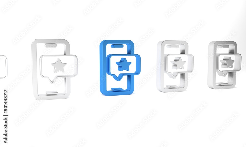 Blue Mobile phone with review rating icon isolated on white background. Concept of testimonials messages, notifications, feedback. Minimalism concept. 3D render illustration Blue Mobile phone with review rating icon isolated on white background. Concept of testimonials messages, notifications, feedback. Minimalism concept. 3D render illustration