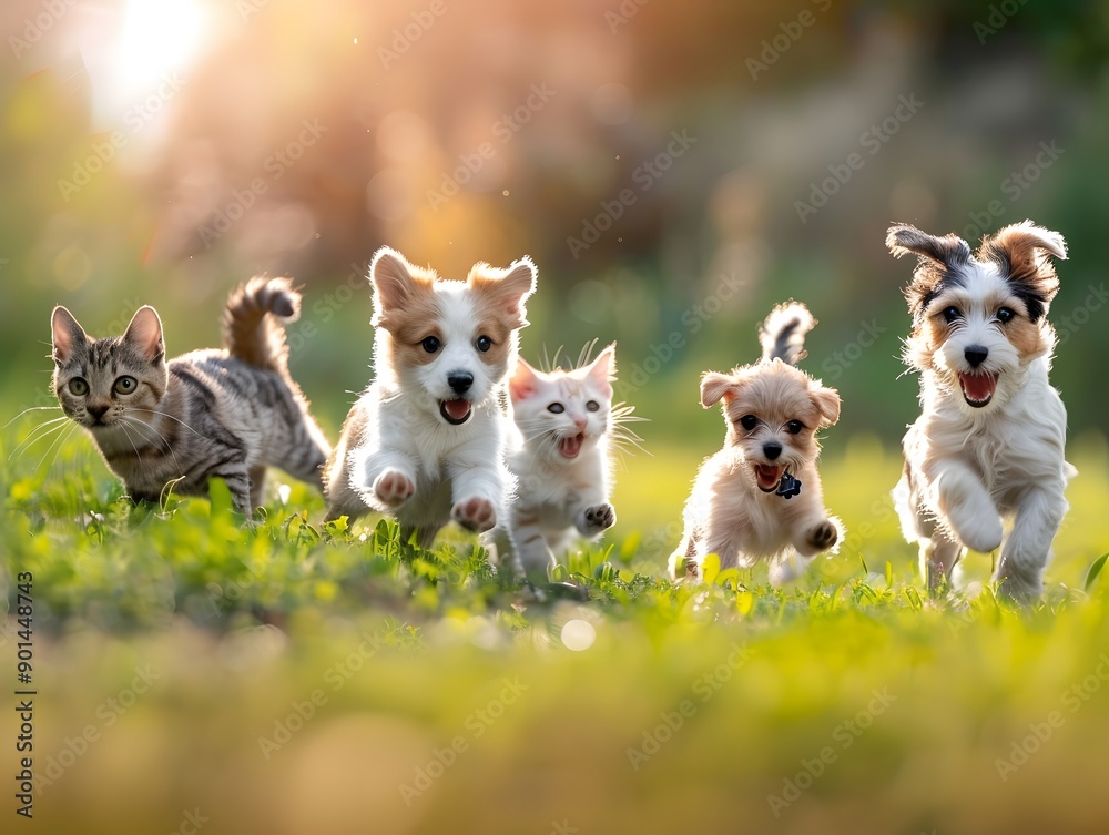 Cute funny dog and cat group jumps and runs and happy Cute funny dog and cat group jumps and runs and happy