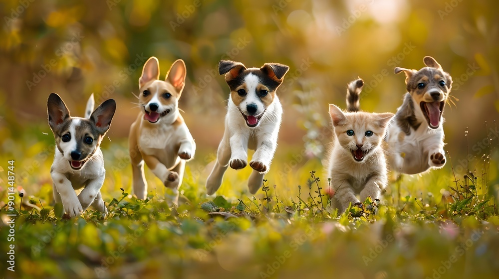 Cute funny dog ​​and cat group jumps and runs and happy