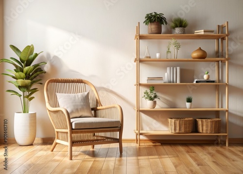 Cozy modern living room interior with rustic rattan armchair and wooden shelving unit on crisp white wall, ample copy space, against warm hardwood flooring background.