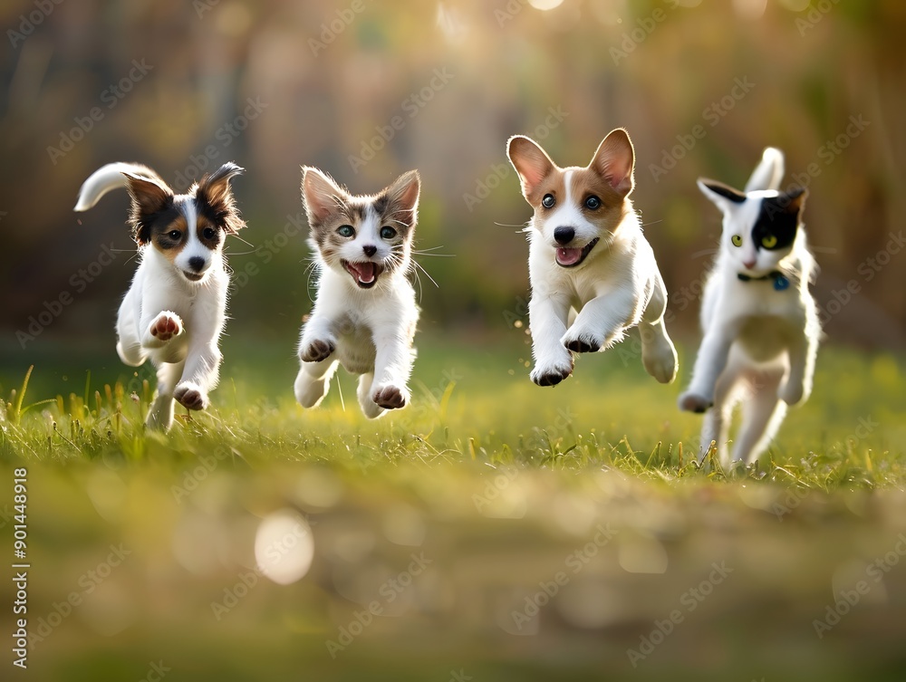 Cute funny dog and cat group jumps and runs and happy Cute funny dog and cat group jumps and runs and happy