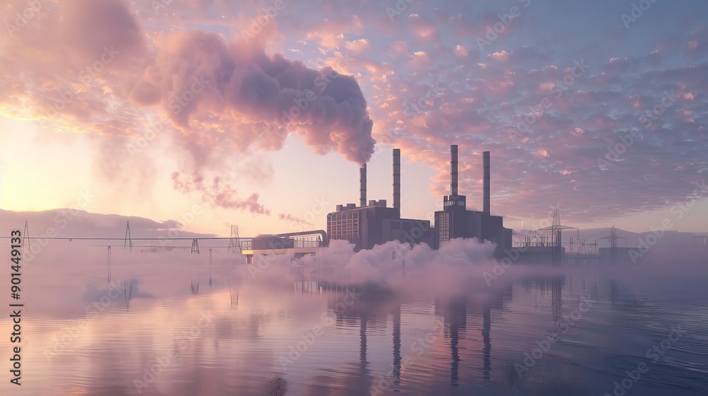 Green Energy Emission Futuristic EcoFriendly Power Station with Digital Badge in Peaceful Morning Sky Green Energy Emission Futuristic EcoFriendly Power Station with Digital Badge in Peaceful Morning Sky