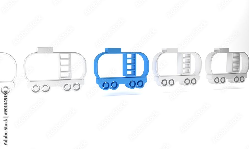 Blue Oil railway cistern icon isolated on white background. Train oil tank on railway car. Rail freight. Oil industry. Minimalism concept. 3D render illustration Blue Oil railway cistern icon isolated on white background. Train oil tank on railway car. Rail freight. Oil industry. Minimalism concept. 3D render illustration