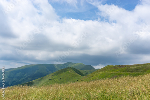 Obraz na płótnie Mountain landscape with grass and blue sky. Carpathian, Ukraine w salonie