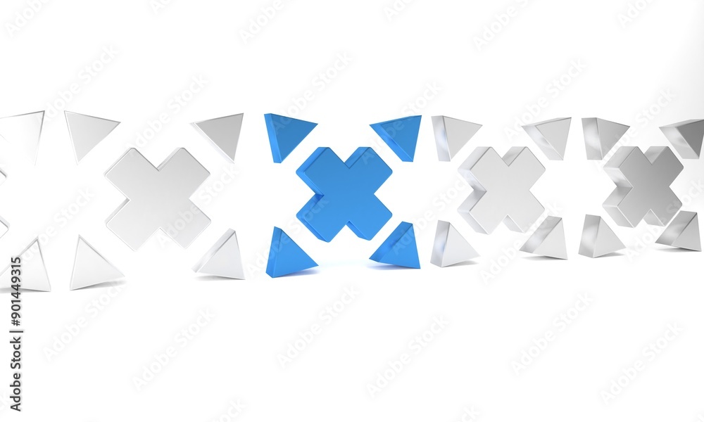 Blue Many ways directional arrow icon isolated on white background. Minimalism concept. 3D render illustration Blue Many ways directional arrow icon isolated on white background. Minimalism concept. 3D render illustration