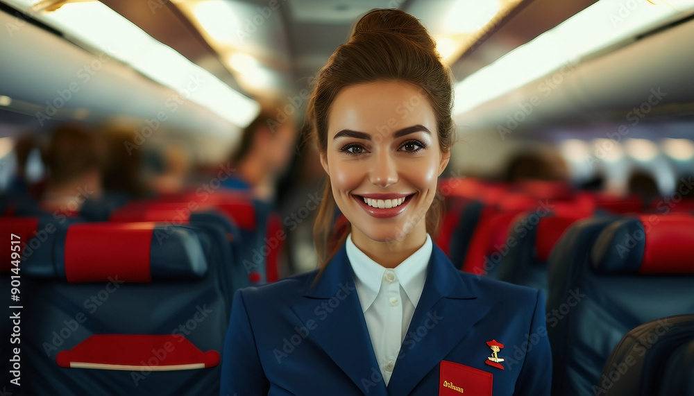 portrait of a stewardess with a beautiful and friendly smile in the aisle between the seats in a passenger seats
portrait of a stewardess with a beautiful and friendly smile in the aisle between the seats in a passenger seats