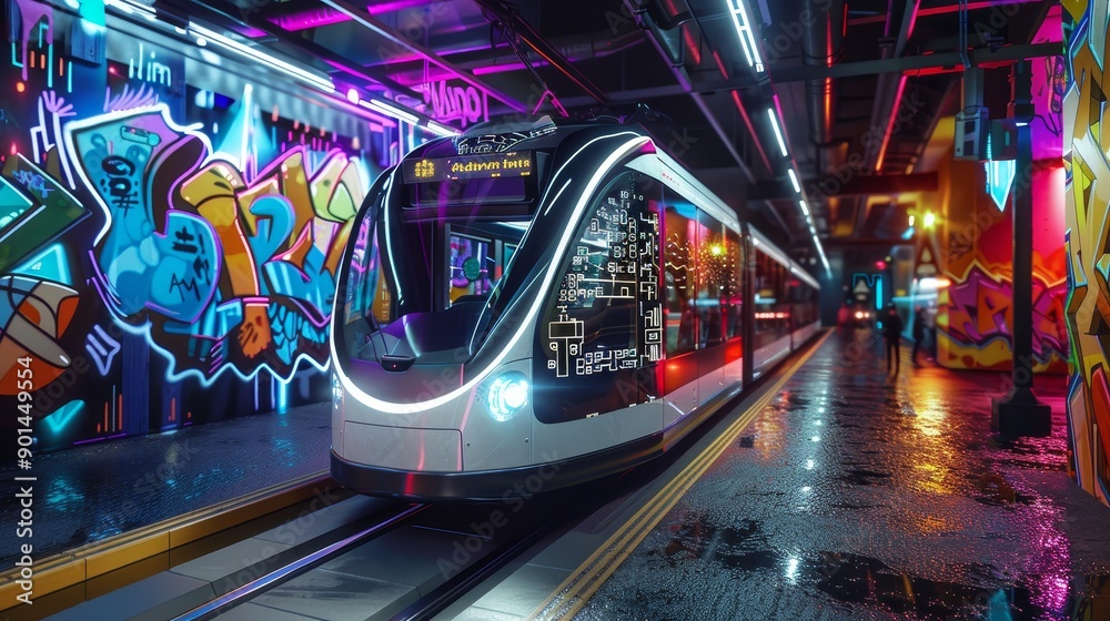 Urban Futurism Electric Shuttle in Digital Graffiti Station Urban Futurism Electric Shuttle in Digital Graffiti Station