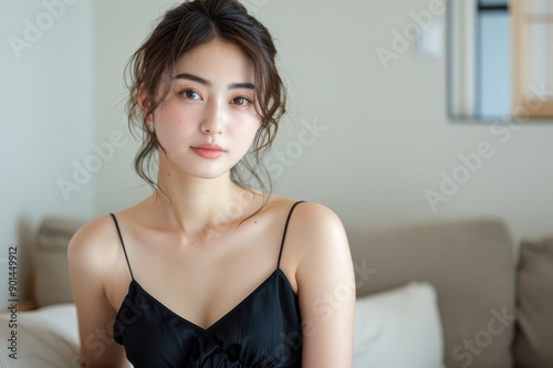 部屋着を着て部屋でリラックスしている日本人女性（モデル・キャミソール・肌見せ）