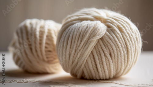 Wool yarn ball for knitting on neutral backdrop. Soft texture. Natural material. Handmade concept photo