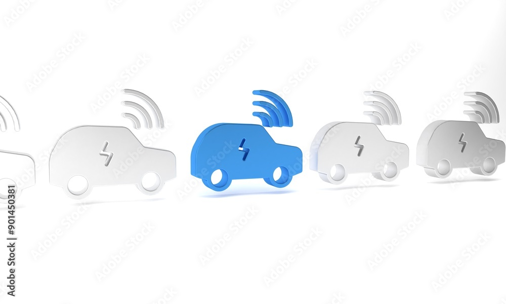 Obraz premium Blue Smart car system with wireless connection icon isolated on white background. Remote car control. Minimalism concept. 3D render illustration