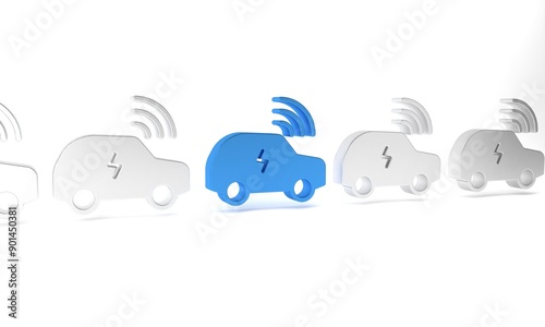 Blue Smart car system with wireless connection icon isolated on white background. Remote car control. Minimalism concept. 3D render illustration