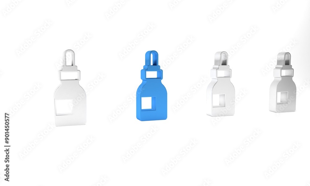 Blue Beard and mustaches care oil bottle icon isolated on white background. Glass bottle with pipette. Minimalism concept. 3D render illustration Blue Beard and mustaches care oil bottle icon isolated on white background. Glass bottle with pipette. Minimalism concept. 3D render illustration