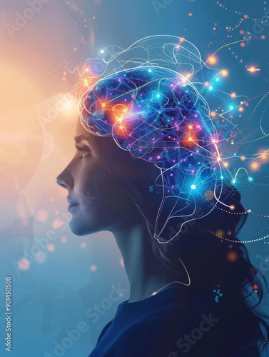 A woman's head is shown with a lot of colorful lights and lines new ideas