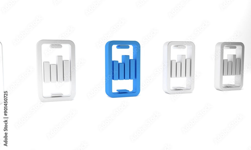 Blue Mobile phone with graph chart icon isolated on white background. Report text file. Accounting sign. Audit, analysis, planning. Minimalism concept. 3D render illustration
