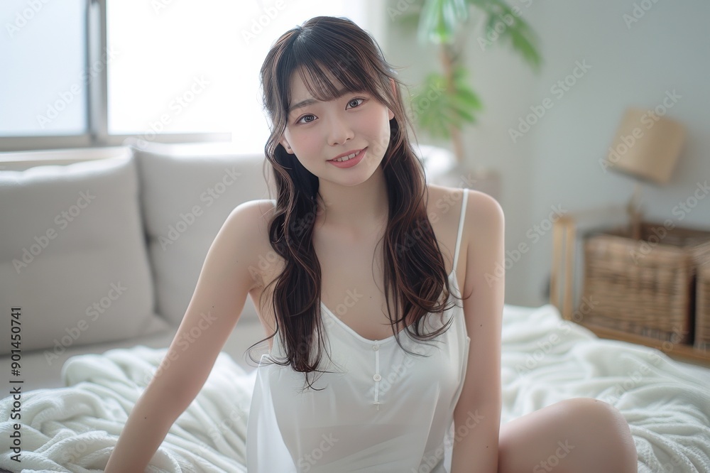 部屋着を着て部屋でリラックスしている日本人女性(モデル・キャミソール・肌見せ) 部屋着を着て部屋でリラックスしている日本人女性(モデル・キャミソール・肌見せ)