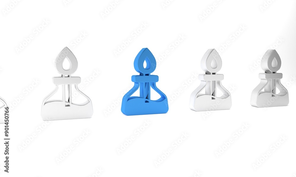 Blue Alcohol or spirit burner icon isolated on white background. Chemical equipment. Minimalism concept. 3D render illustration Blue Alcohol or spirit burner icon isolated on white background. Chemical equipment. Minimalism concept. 3D render illustration