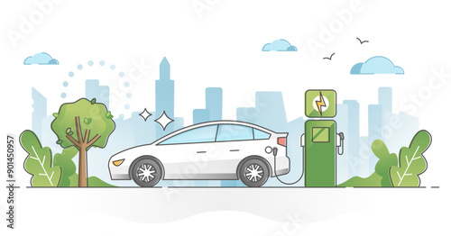 Electric car usage and green electricity energy consumption outline concept, transparent background.