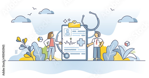 Medical history and health record paper for hospital doctor outline concept, transparent background. Document with patient disease and treatment progress, diagnosis and treatment illustration.