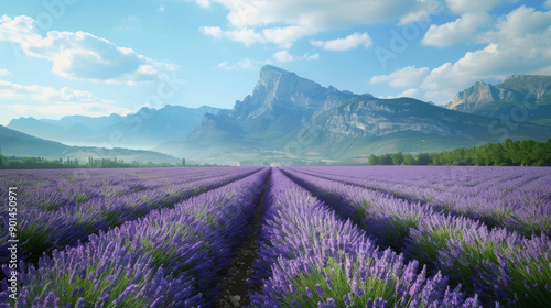 Lavender fields beneath the French Alps, forming a natural border of beautiful little purple flowers, showcasing the gorgeous nature of France.