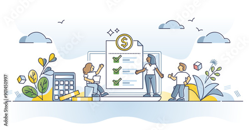 Payroll money statement and work salary payment balance outline concept, transparent background. Financial wage calculation or job checkout analysis illustration.