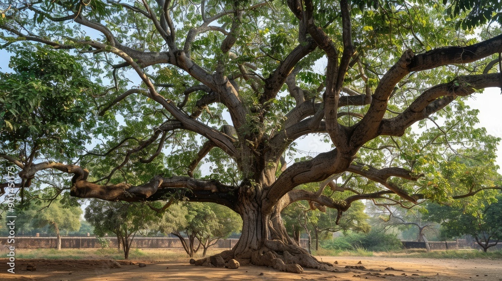 A large Chamchuri tree with a massive trunk and beautifully spreading branches and leaves, set against a serene backdrop, capturing its natural grandeur. A large Chamchuri tree with a massive trunk and beautifully spreading branches and leaves, set against a serene backdrop, capturing its natural grandeur.