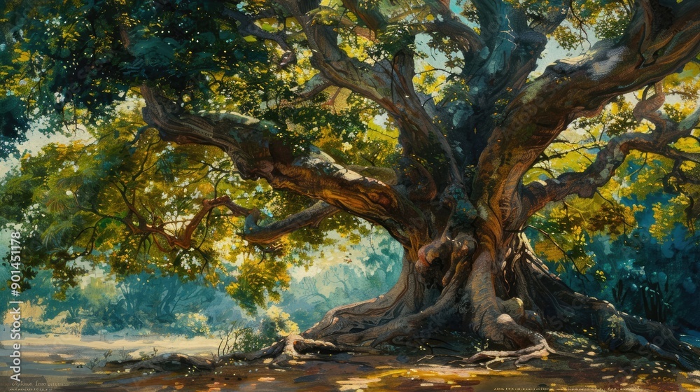 A large Chamchuri tree with a massive trunk and beautifully spreading branches and leaves, set against a serene backdrop, capturing its natural grandeur. A large Chamchuri tree with a massive trunk and beautifully spreading branches and leaves, set against a serene backdrop, capturing its natural grandeur.
