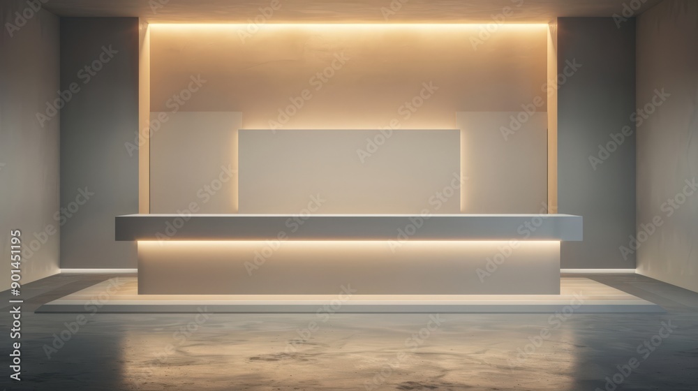 Fototapeta premium A white desk with a lighted wall behind it