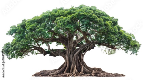 A large Chamchuri tree with a massive trunk and beautifully branched leaves, isolated against a pristine white background, showcasing its natural elegance. photo