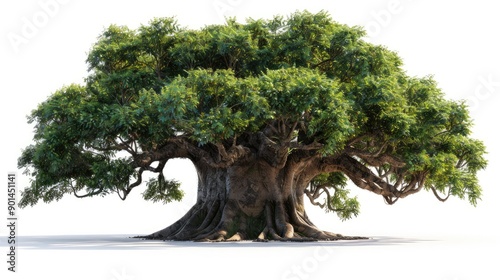 A large Chamchuri tree with a massive trunk and beautifully branched leaves, isolated against a pristine white background, showcasing its natural elegance. photo