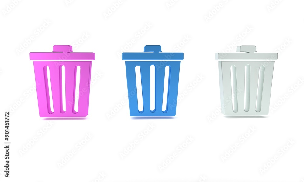 Colorful Trash can icon isolated on white background. Garbage bin sign. Recycle basket icon. Office trash icon. Minimalism concept. 3D render illustration Colorful Trash can icon isolated on white background. Garbage bin sign. Recycle basket icon. Office trash icon. Minimalism concept. 3D render illustration