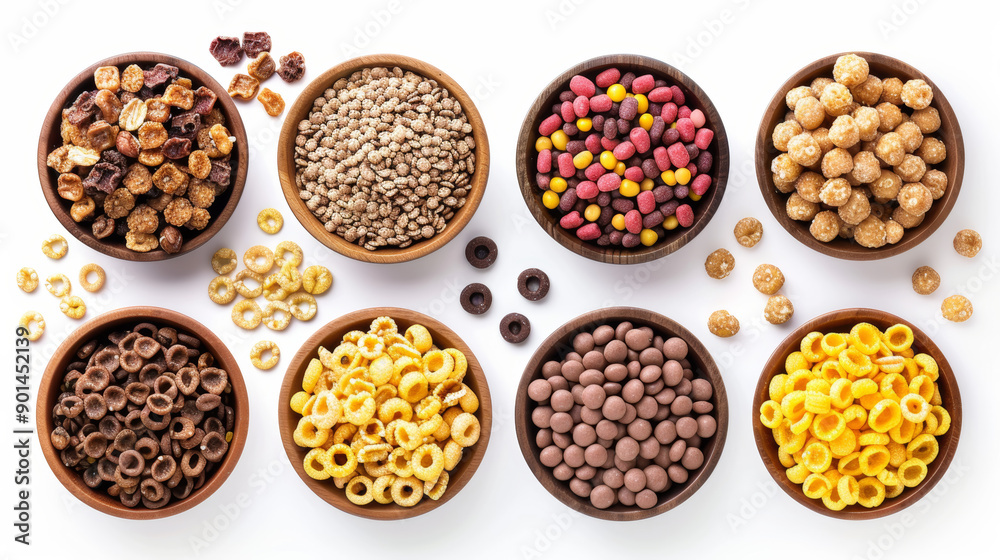 A collection of different breakfast cereals displayed on a white background, viewed from above. A collection of different breakfast cereals displayed on a white background, viewed from above.
