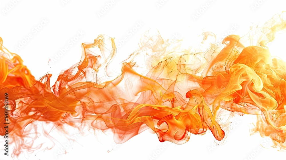 Close-up of dynamic fire flames, cut out and isolated on a white background, showcasing their bright, fiery colors.