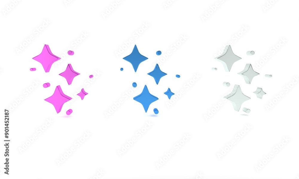 Colorful Sparkle stars with magical glitter particles icon isolated on white background. Magic christmas decoration. Minimalism concept. 3D render illustration Colorful Sparkle stars with magical glitter particles icon isolated on white background. Magic christmas decoration. Minimalism concept. 3D render illustration