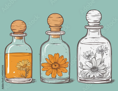 Hand drawn glass bottle with calendula oil or tincture vector illustration