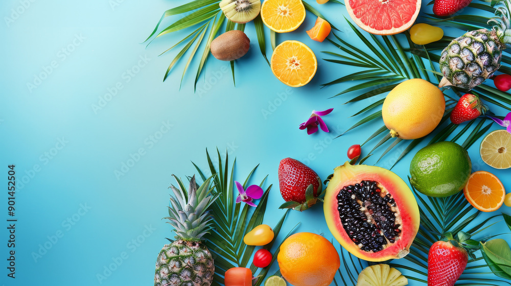 custom made wallpaper toronto digitalTropical fruits background, flat lay, with space for text.