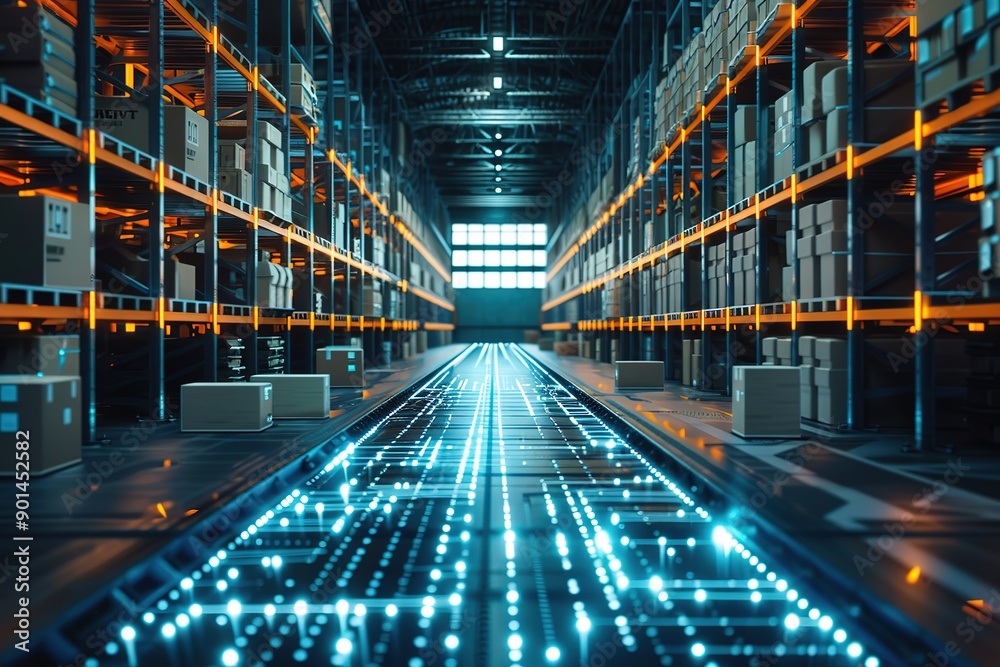 modern technology enabled distribution center full of carton boxes. A huge window at the end of the aisle illuminates the warehouse, Generative Ai modern technology enabled distribution center full of carton boxes. A huge window at the end of the aisle illuminates the warehouse, Generative Ai