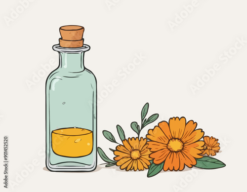 Hand drawn glass bottle with calendula oil or tincture vector illustration