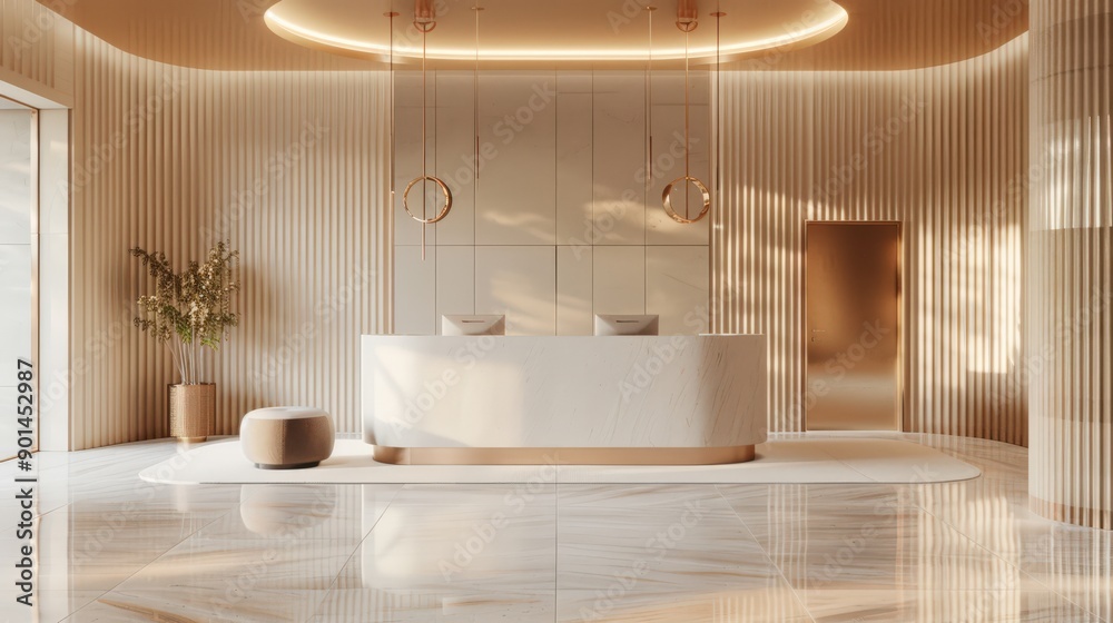 A large, open lobby with a white wall and a tan ceiling