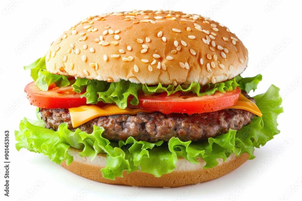 Hamburger Delight: Cheeseburger with Beef, Cheese, Lettuce, and Tomatoes on White Background Hamburger Delight: Cheeseburger with Beef, Cheese, Lettuce, and Tomatoes on White Background