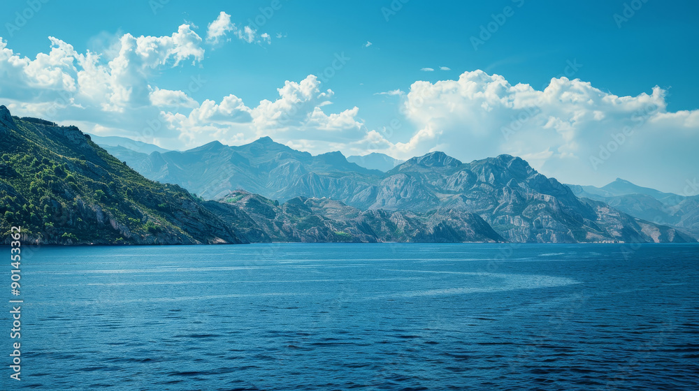 Blue sea and mountains against the blue sky. Blue sea and mountains against the blue sky.